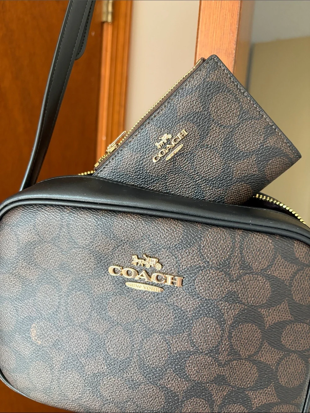 Coach Brown Signature Monogram Crossbody with Black Strap